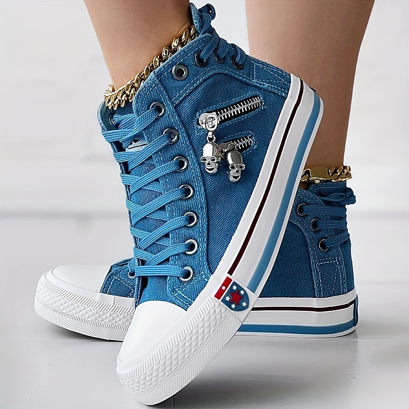 Women's Blue Denim High-Top Sneakers with Skull Charms and Zipper Detail - Casual Retro Style for Everyday Wear3