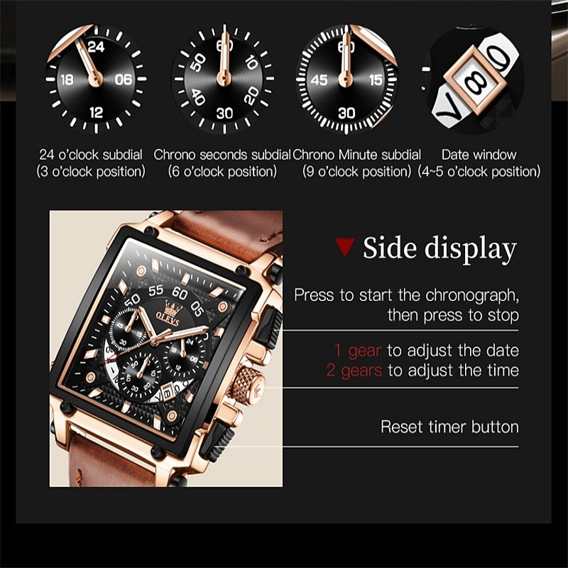OLEVS Men Quartz Watch Calendar Chronograph Large Dial Waterproof Genuine Leather Watch2