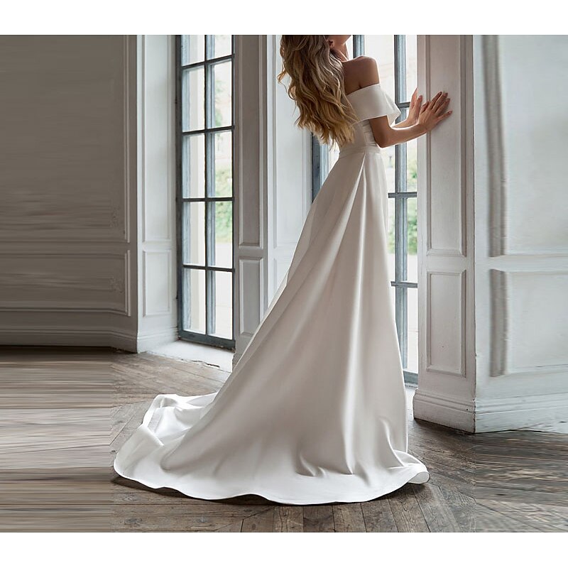 Little White Dress Bridal Shower Dresses Wedding Dresses Two Piece Off Shoulder Short Sleeve Sweep / Brush Train Satin Bridal Suits Bridal Gowns With Ruched4