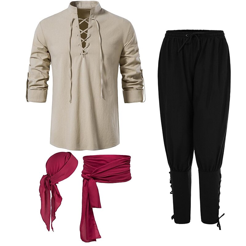 Medieval Renaissance 17th Century Medium Length Blouse / Shirt Pants Cosplay Costume Pirate Knight Ritter Viking Drawstring Solid Colored Fancy Dress Men's Pirate Halloween Masquerade Casual Daily