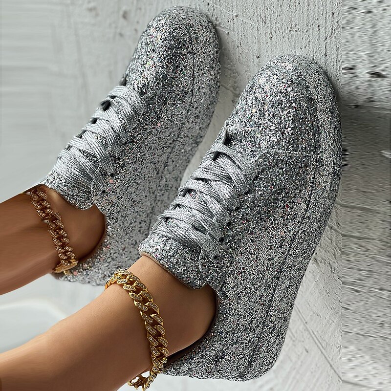 Women's Silver Glitter Platform Sneakers - Sparkly Lace-Up Casual Shoes for Parties and Street Style2