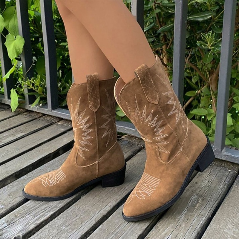 Women's Vintage Suede Cowboy Boots - Comfortable Western Style Mid-Calf Boots for Outdoor and Casual Wear