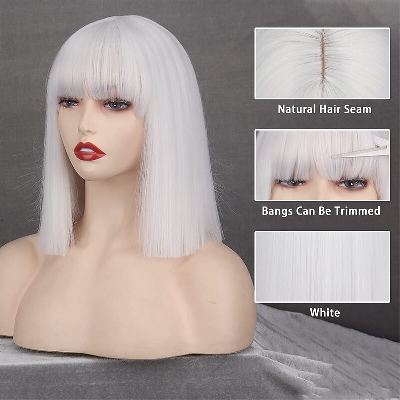 Short Bob White Wig with Bangs Silver White Short Wigs for Women Straight Bob White Cospaly Hair Wig for Daily Party Halloween3