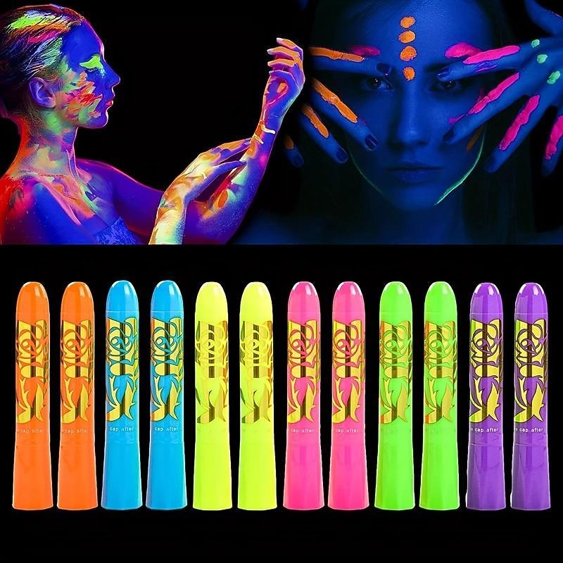 6pcs UV Glow Body and Face Paint Kit - Fluorescent Crayons for Adults - Perfect for Birthday Parties, Halloween, and Masquerades