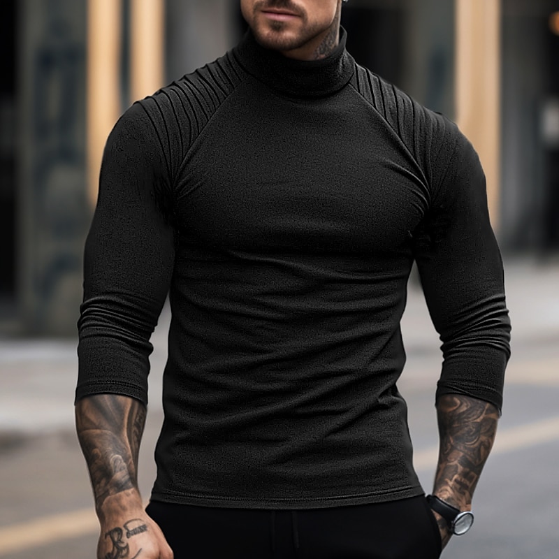 Men's T Shirt Tee Top Long Sleeve Turtleneck Summer Plain Slim Pleated Fashion Designer Basic Vacation Street Going out Black White Navy Blue Top Tee for Men