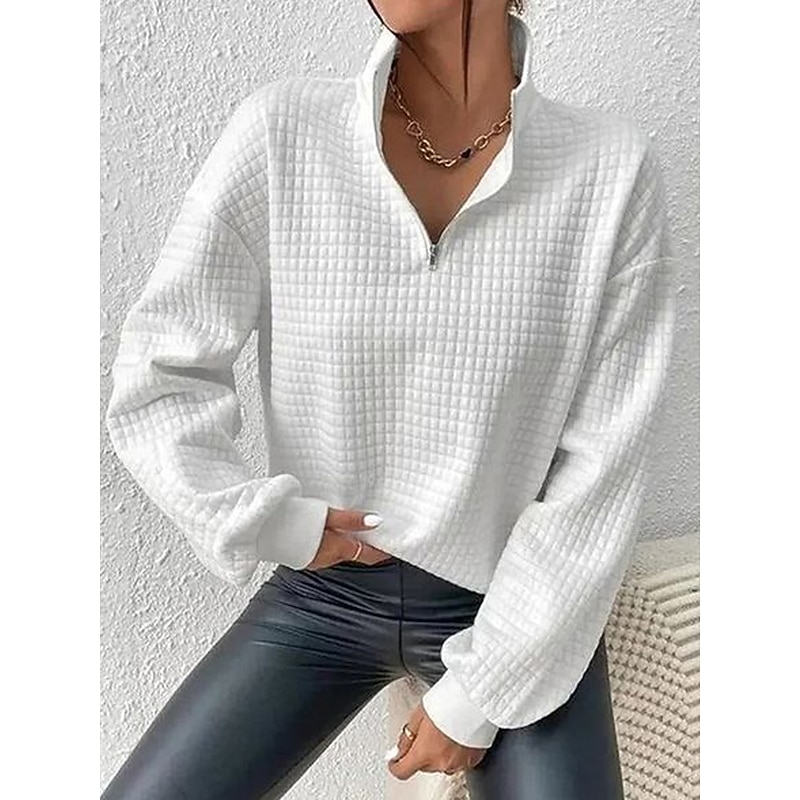 Women's Zip Up Sweatshirt Sweatshirt Pullover Sports Basic Textured Solid Color Street Casual V Neck Half Zip Quarter Zip Long Sleeve White Fall & Winter2