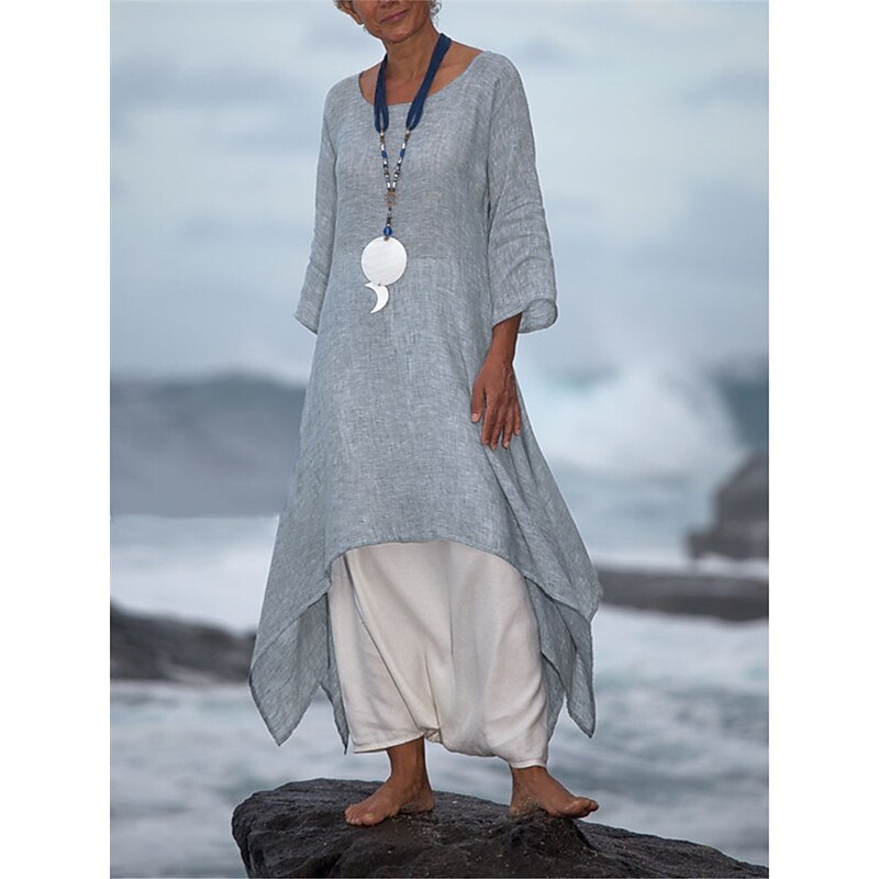 Women's White Blue Purple Summer Spring Midi Dress Linen-Inspired Dresses Casual Dress Spring Dress Basic Casual Outdoor Daily Weekend Regular Fit Pure Color Crew Neck3