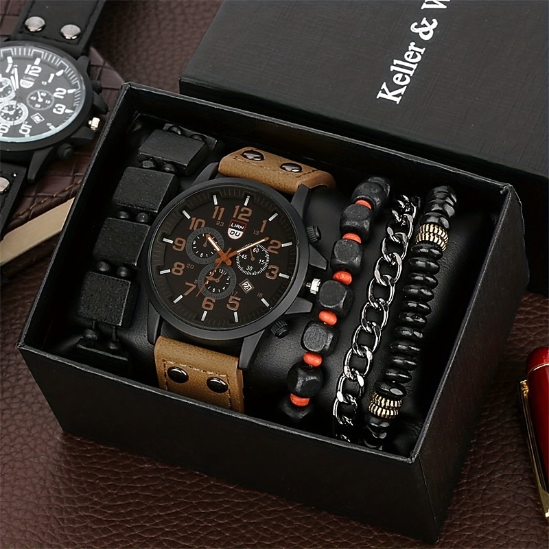 Keller Weber 5Pcs Watches Bracelet Set Luxury Men Quartz Wristwatches Leather Band Fahsion Casual Watch For Men Gift For Boyfriend