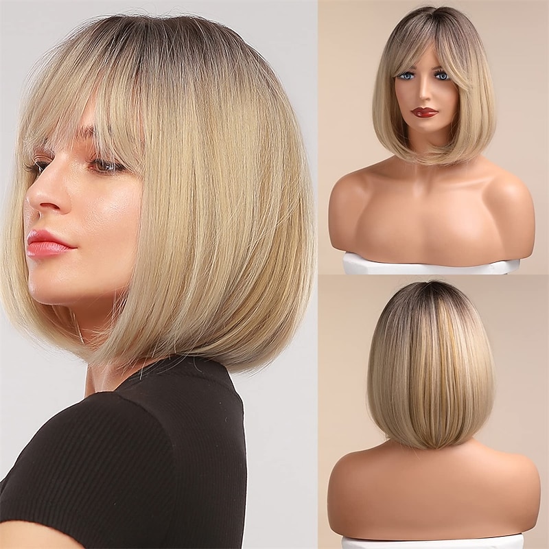 Blonde Bob Wig with Bangs Short Bob Wigs for Women Short Blonde Wig with Dark Roots Heat Resistant Synthetic Wig Natural Looking for Daily Use