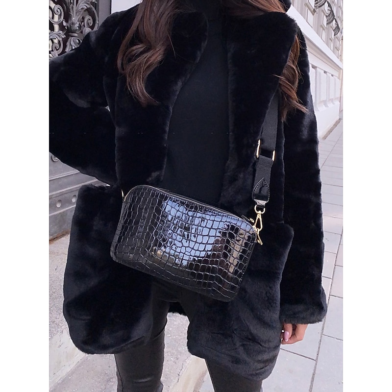 Women's Winter Coat Faux Fur Coat Warm Breathable Outdoor Valentine's Day Street Daily Wear Slim Fit Cardigan Lapel Fashion Daily Casual Solid Color Loose Fit Outerwear Long Sleeve Fall Winter Black4