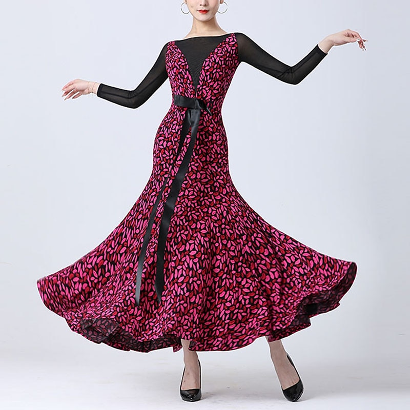 Ballroom Dance Dress Printing Splicing Women's Performance Party Long Sleeve Crystal Cotton Mesh4