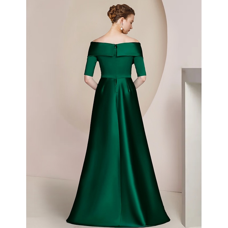 Sheath Mother of the Bride Dress Formal Wedding Guest Elegant Party Off Shoulder Floor Length Satin Half Sleeve with Ruching3