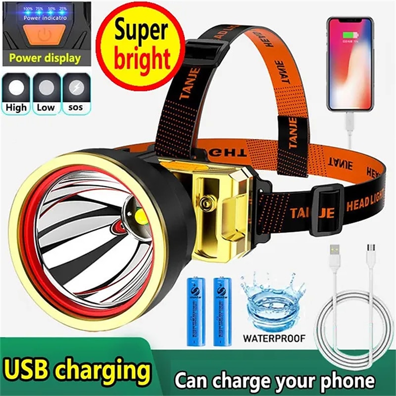 LED headlight super bright USB rechargeable miner's lamp high-power glare flashlight head-mounted field fishing lamp super-capacity battery torch white light and yellow light two kinds of lighting
