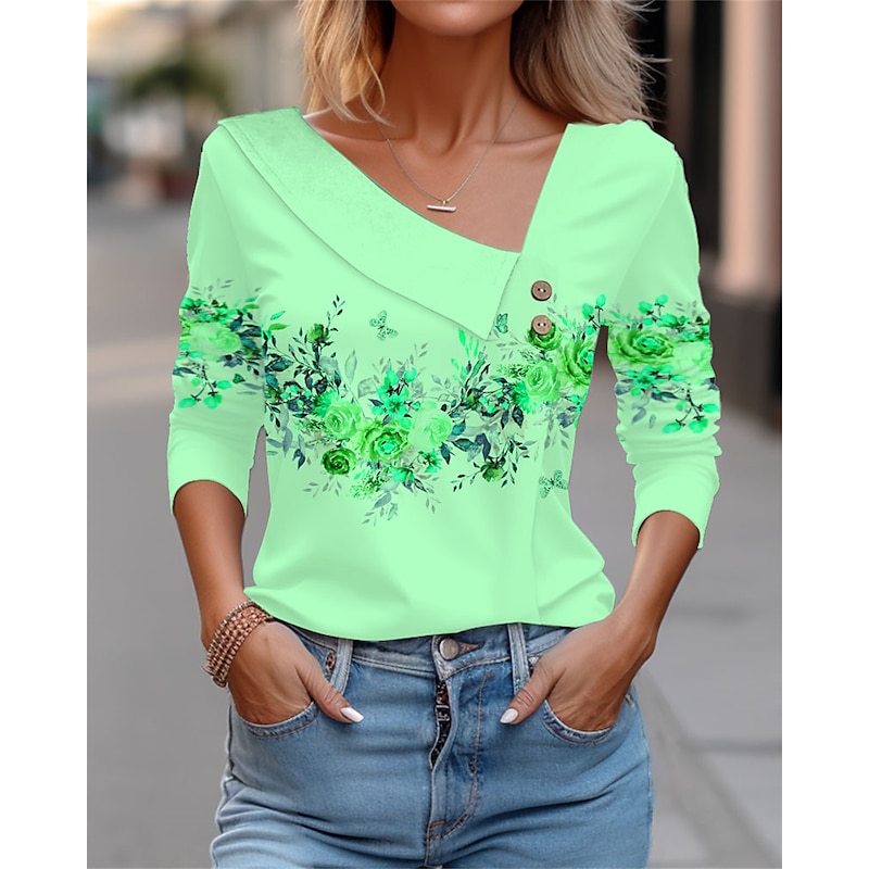 Women's Blouse Floral Elegant Vintage Fashion Long Sleeve V Neck Regular Tops Holiday Weekend Buttons Print White Pink Blue Purple Green Fall & Winter4