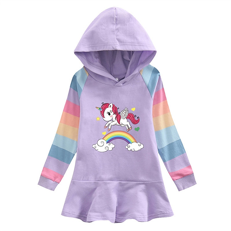 Kids Girls' Dress Rainbow Unicorn Stripe Long Sleeve Outdoor Casual Ruffle Fashion Cute Daily Cotton Knee-length Hoodie Dress Casual Dress Spring Fall 2-8 Years Pink Purple Rose Red3