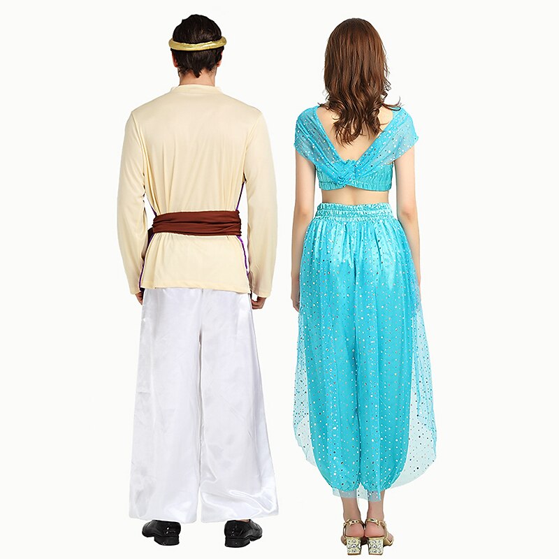 Couples Aladdin Princess Jasmine Halloween Group Couples Costumes Men's Women's Movie Cosplay Cosplay Blue Purple Top Pants Belt Halloween Carnival Masquerade3