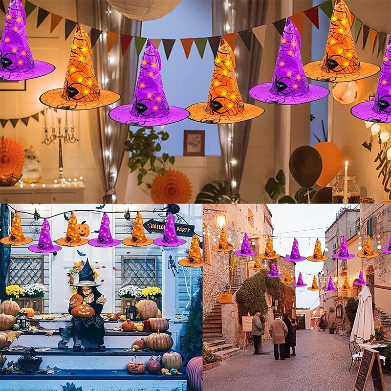 Halloween Decorations 8pcs LED Witch Hat, with Remote Control, Outdoor Tree Hanger 40LED Battery Powered Light for Halloween Party Garden Yard Home Horror Atmosphere Decorations4