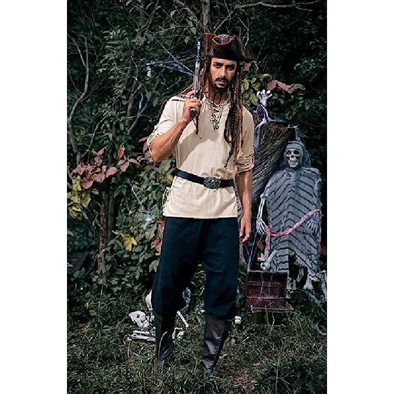 Medieval Renaissance 17th Century Medium Length Blouse / Shirt Cosplay Costume Knight Ritter Viking Drawstring Solid Colored Fancy Dress Men's Pirate Fantasy Halloween Masquerade Casual Daily3