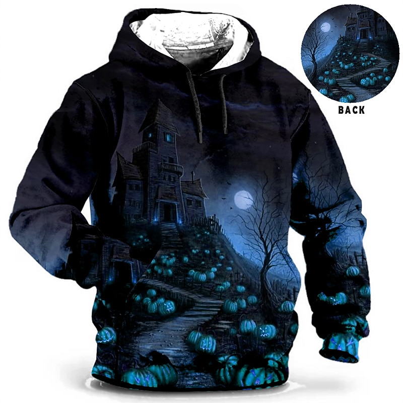 Men's Pumpkin Graphic Prints Hoodie Hoodies Sweatshirt Daily Classic Long Sleeve Hooded Halloween Holiday Going out Blue Brown Print Spring &  Fall Designer2