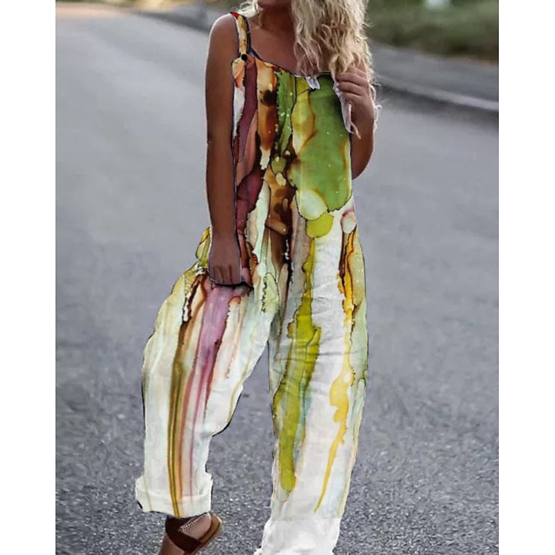 Women's Jumpsuit Button Print Floral Cold Shoulder Ordinary Street Going out Wide Leg Loose Fit Sleeveless Sleeveless Black White Yellow S M L Summer4