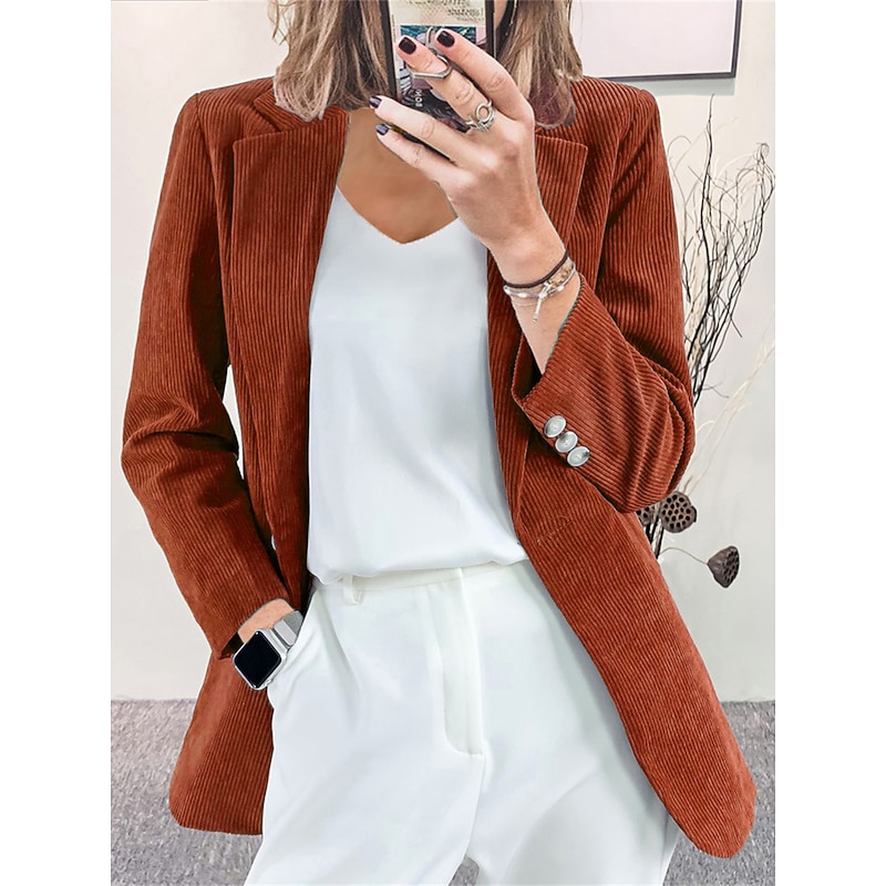 Women's Corduroy Jacket Blazer Formal Button Solid Color Windproof Fashion Regular Fit Outerwear Long Sleeve Fall claret S 7