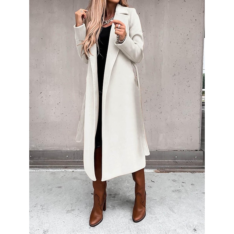 Women's Winter Coat Long Overcoat with Belt Fall Lapel Pea Coat with Pockets Trench Coat Fashion Street Wear Formal Jacket Long Sleeve  Black White Yellow4