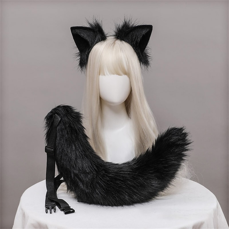 Plush Fox Ears and Tail Cosplay Accessories Handmade Simulation Beast Ears Hair Hoops and Tail Jewelry Set4
