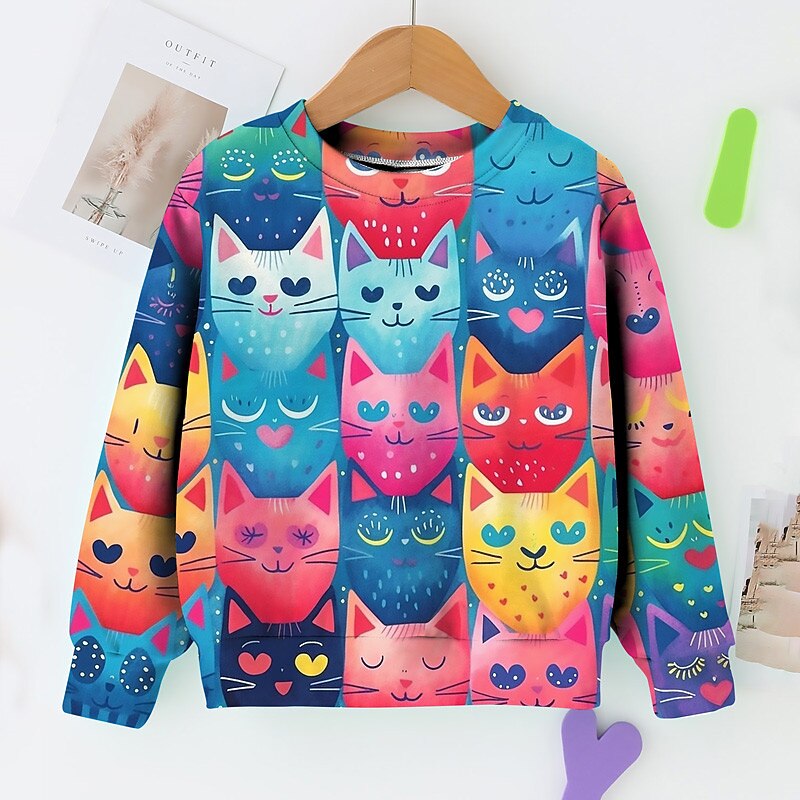 Girls' 3D Graphic Cartoon Cat Sweatshirt Long Sleeve 3D Print Summer Fall Fashion Streetwear Adorable Kids 3-12 Years Outdoor Casual Daily Regular Fit2