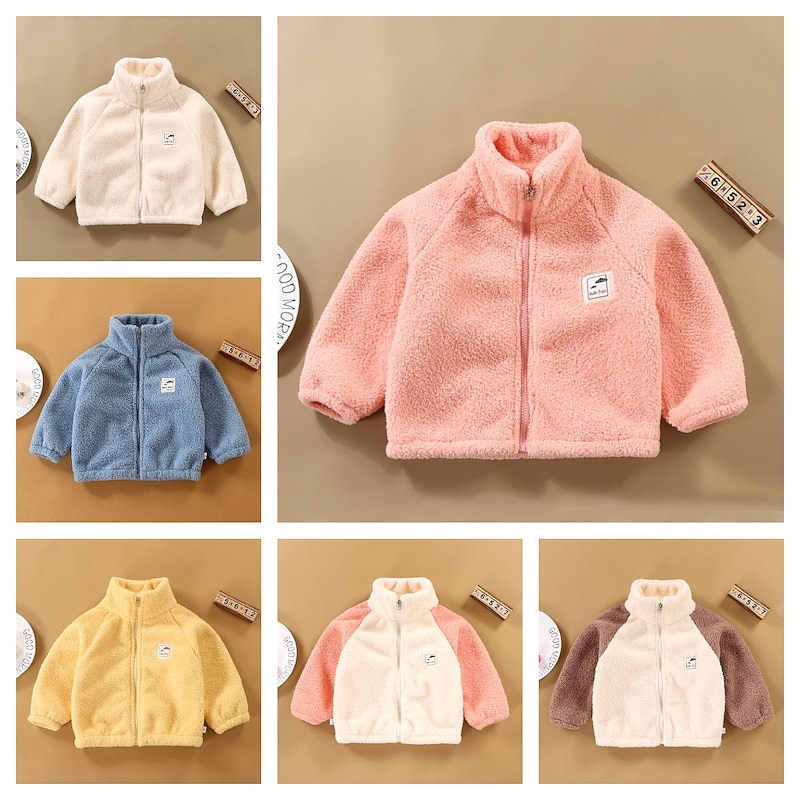 Kids Girls' Fleece Jacket Solid Color Active Zipper Outdoor Coat Outerwear 2-8 Years Fall White Yellow Pink