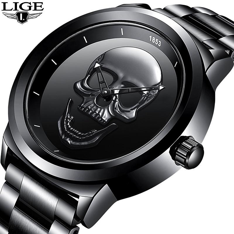 LIGE Mens Quartz Watch 3D Skull Waterproof Stainless Steel Sports Analog Quartz Watch Men Halloween Decoration Wrist Watch with Gift Box