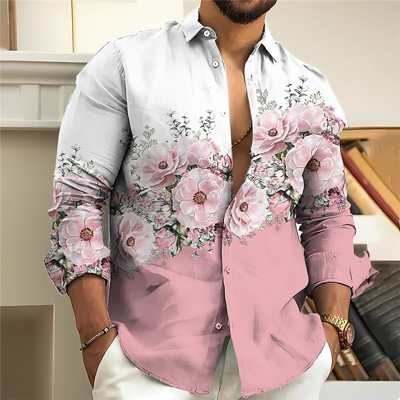 Men's Floral Shirt Button Up Shirt Long Sleeve Fashion Streetwear Designer Outdoor Casual Daily Summer Spring Fall Stand Collar Print Yellow Pink Blue Purple Gray