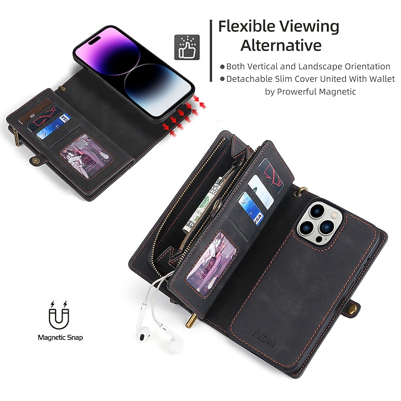 Phone Case For iPhone 15 14 Pro Max Plus 13 Pro Max Mini Wallet Case Magnetic Zipper with Lanyard Solid Color TPU PC PU Leather3