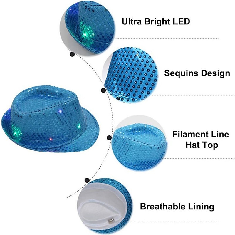 Creative LED Flashing Jazz Cap Adult Hip Hop Dance Show Sequin Jazz Hat Glow In The Dark Luminous Fedora Costumes Stage Props3