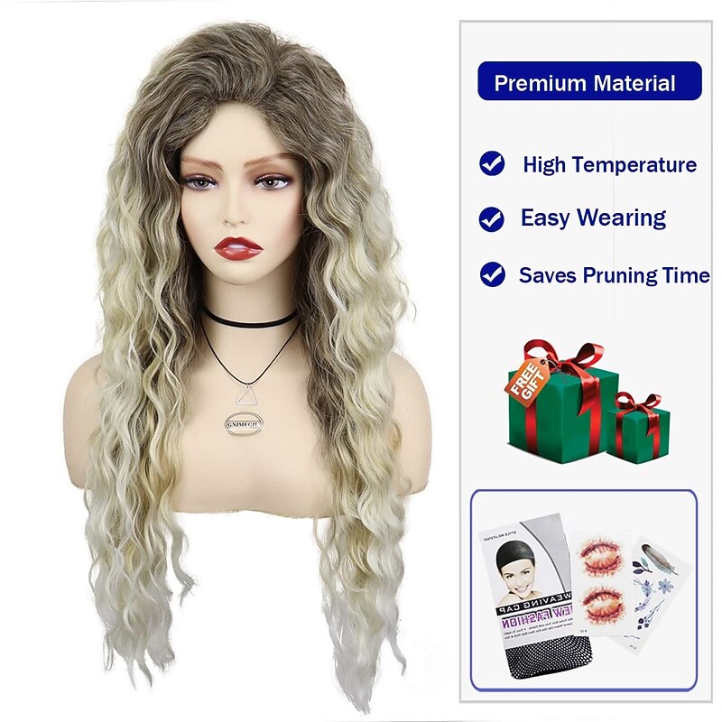 Carnival Gifts Ombre Ash Blonde Curly Wig Long Wavy Wigs for White Women Fluffy Synthetic Wig 80s Chrismas Carnival Party Wig Costume for Women Big Volume Brown Shades Blonde Halloween Wigs3