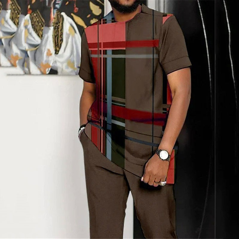 Men's Color Block Graphic Prints Shirt Set T-Shirt Outfits Shirt and Pant Sets Short Sleeve T shirt 3D Print Crew Neck Shirt Sport Designer Casual Outdoor Daily Vacation Brown Army Green Dark Blue2