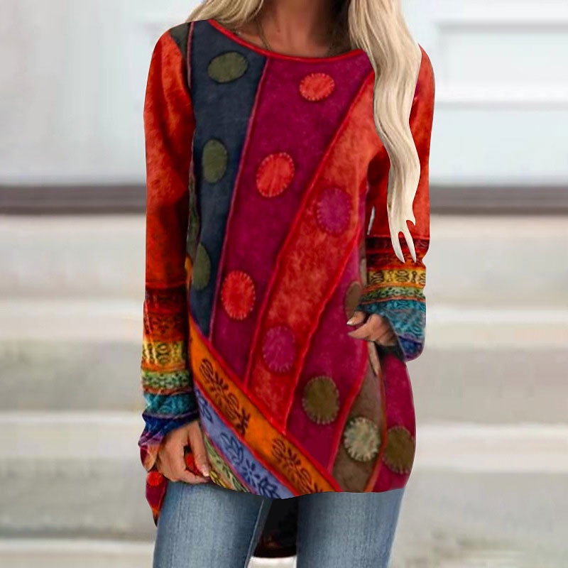 Women's T shirt Tee Yellow Red Purple Graphic Print Long Sleeve Casual Weekend Daily Tunic Basic Round Neck Regular Fit Painting Fall & Winter