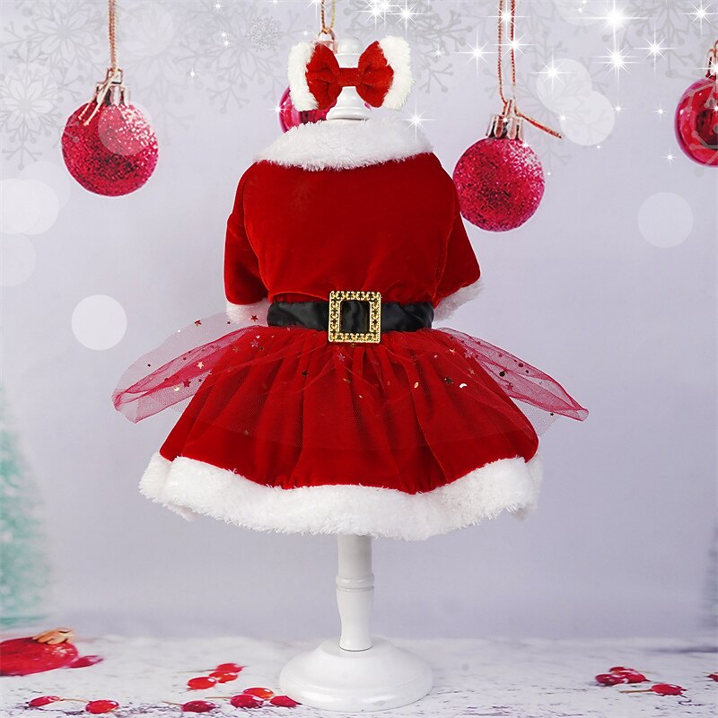 Christmas pet dog dress Holiday dress bow Red Christmas canary gauze dress2