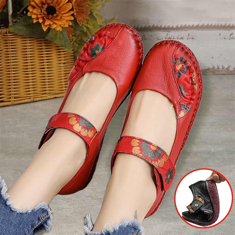 Women's Red Leather Barefoot Mary Jane Flats – Embroidered Floral Casual Comfort Shoes with Hook & Loop Straps
