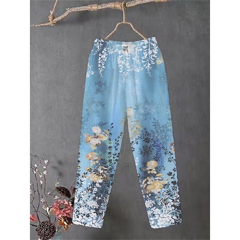 Women's Cotton Linen Pants Slacks Baggy Pants Comfort Chino Ankle-Length Medium Waist Flower Pocket Baggy Print Breathability Micro-elastic Outdoor Daily Light Pink Light Green Light Purple Light Blue