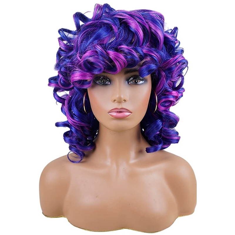 Short Curly Wigs for Black Women Soft Mixed Blue to Purple Big Curly Wig with Bangs Cute Loose Curly Cosplay Party Daily Synthetic Wig for African American Women2