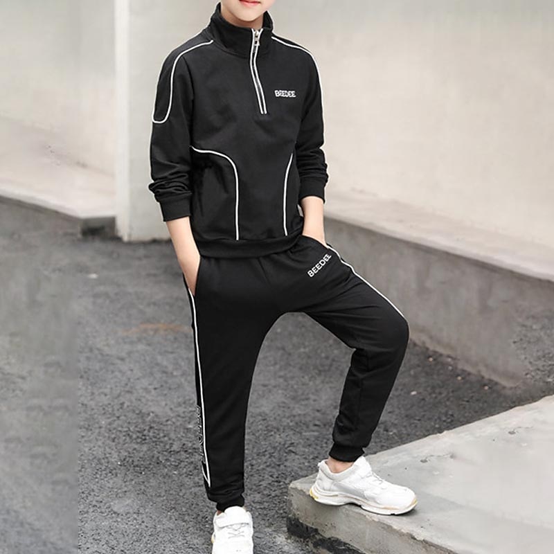 2 Pieces Sets Kids Boys Tracksuits Outfit Letter Stripe Long Sleeve Zipper Set Sports Daily Fall Winter 7-13 Years White3