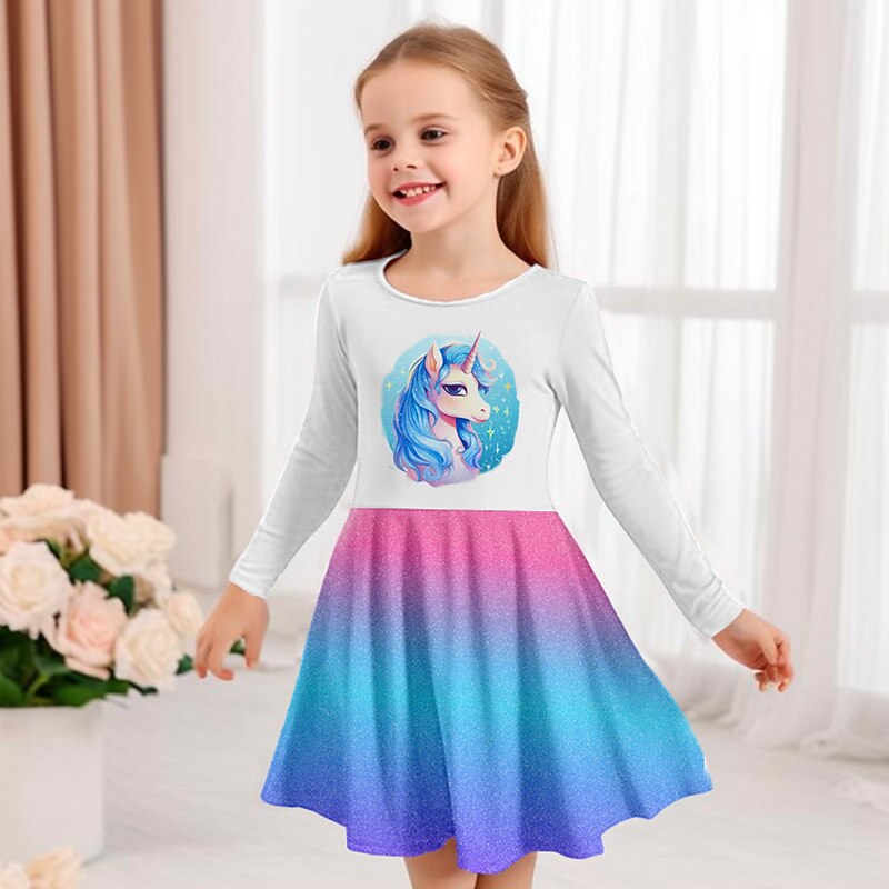 Girls' 3D Graphic Unicorn Dress Long Sleeve 3D Print Summer Spring Fall Vacation Sports & Outdoor Daily Cute Casual Beautiful Kids 3-12 Years Casual Dress A Line Dress Above Knee Regular Fit3