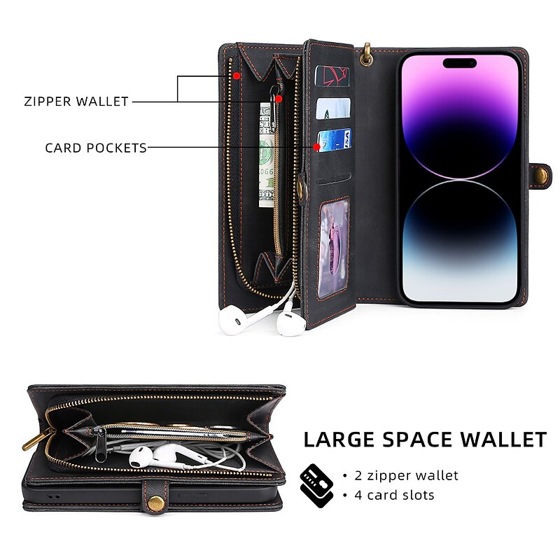 Phone Case For iPhone 15 14 Pro Max Plus 13 Pro Max Mini Wallet Case Magnetic Zipper with Lanyard Solid Color TPU PC PU Leather2