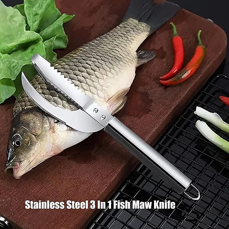 Stainless Steel 3 In 1 Fish Scale Knife, Cut/Scrape/Dig Maw Knife Scale Scraper, Sawtooth Peelers, Scraping Boning Filleting2