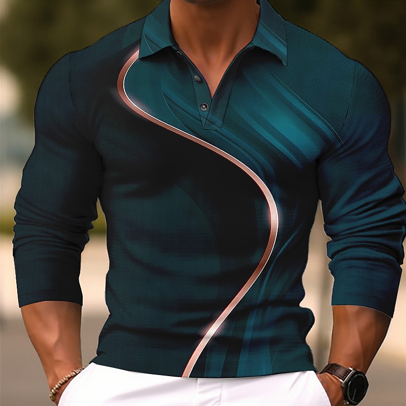 Men's Geometric Polo Shirts Golf Shirt Long Sleeve Polo Shirts Collared Shirts Business Casual WorkWear Formal Wear Festival Wear 3D Print Buttons Fall & Winter Royal Blue Ocean Blue Brown2