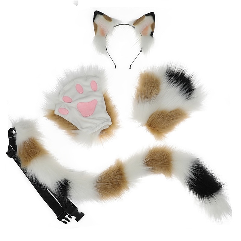 Simulated Beast Ears and Tail Cosplay Show Props Hair Accessories Beast Claw Cat Tail Cat Claw Cute Plush Cat Set4