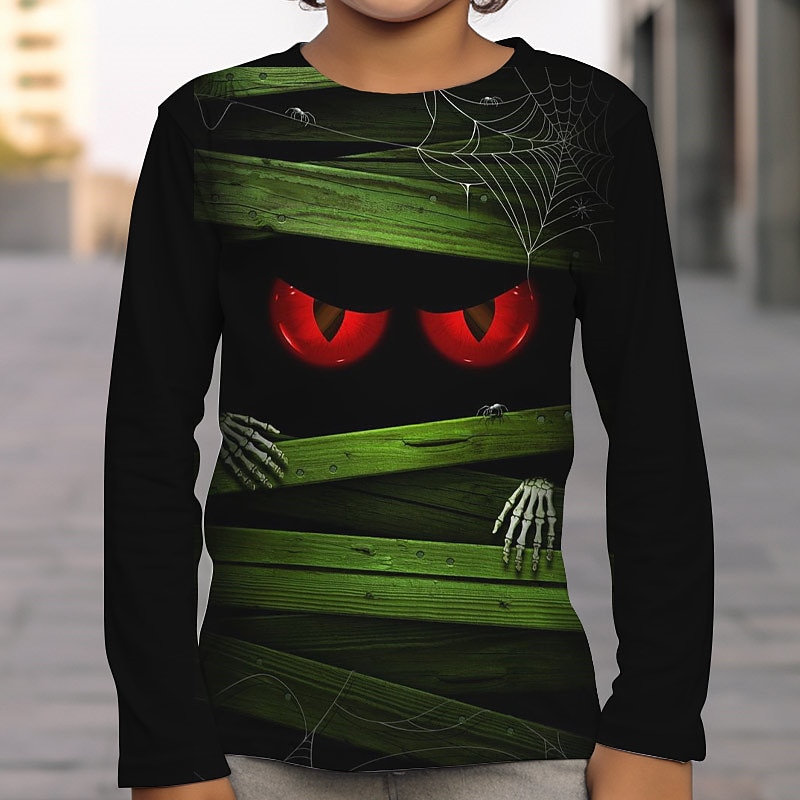 Boys 3D Skull Optical Illusion T shirt Tee Long Sleeve 3D Print Fall Winter Sports Fashion Streetwear Kids 3-12 Years Outdoor Halloween Regular Fit