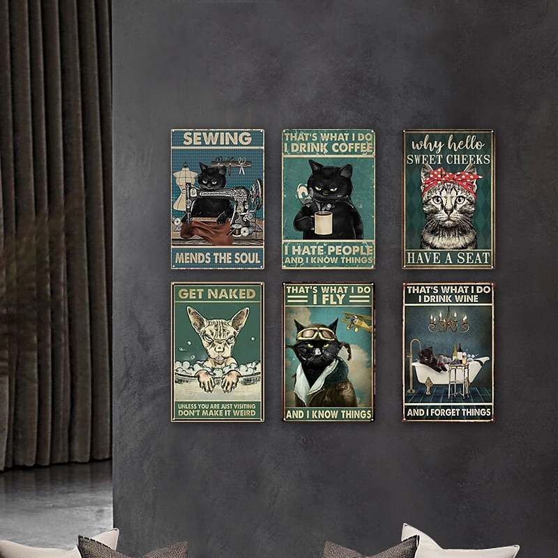 1pc Retro Metal Tin Sign Cat Wine Tin Sign Vintage Kitchen Signs Wall Decor, Painting Wall Hanging for Home Decor Wall Art Metal Tin Sign 20x30cm/8''x12''4