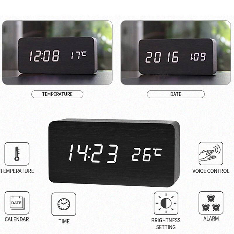 Wooden Alarm Clocks LED Digital Clock Electronics Mute Snooze Horloge Temperature and Humidity Display Desk Bedroom Decoration