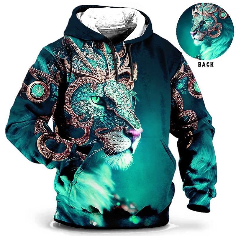 Men's Animal Lion Graphic Prints Hoodie Hoodies Sweatshirt Daily Classic Long Sleeve Hooded Holiday Going out Streetwear Red Blue Print Spring &  Fall Designer2
